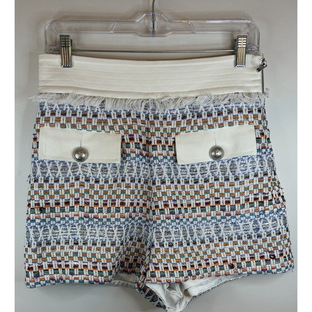 RAMY BROOK Bentley Multicolor Metallic Tweed Shorts 8 High Rise  Fringe Side Zip - Picture 2 of 16